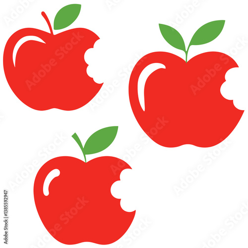 Bright red apples with bite marks and green leaves in flat style ideal for food design and education themes