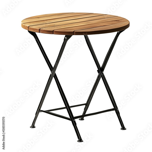 Small round wooden folding table with black metal legs.