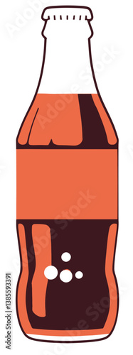 Simple flat style soda bottle design featuring a classic shape with brown fizzy drink and bubbles ideal for beverage branding and retro themed design elements