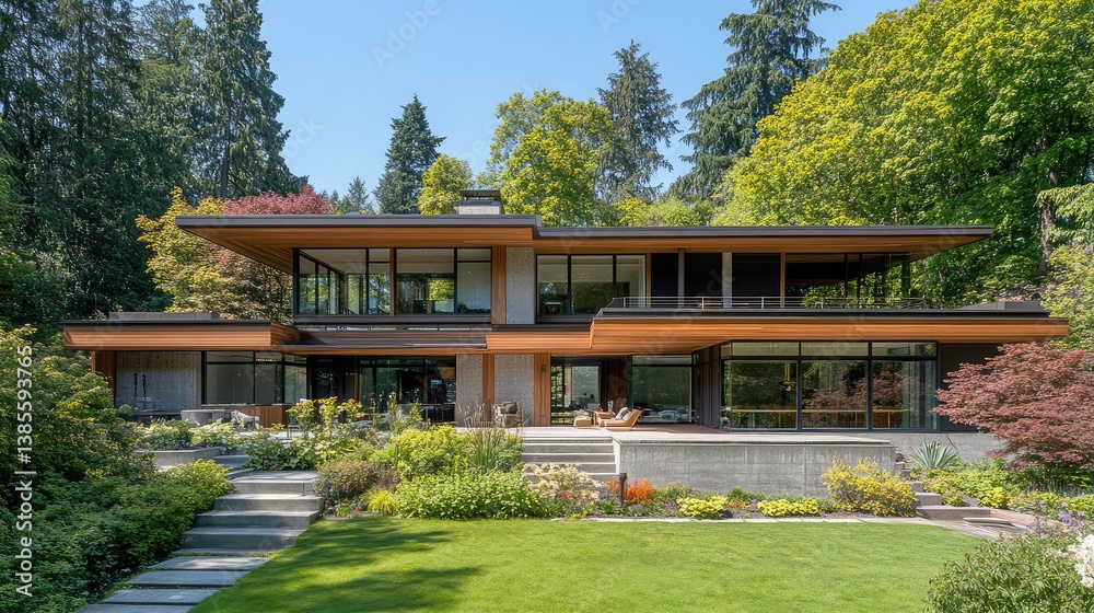 Stunning modern home with a combination of concrete, glass, and wood materials, surrounded by lush greenery. Copy space. Stunning modern home with a combination of concrete, glass, and wood materials, surrounded by lush greenery. Copy space.