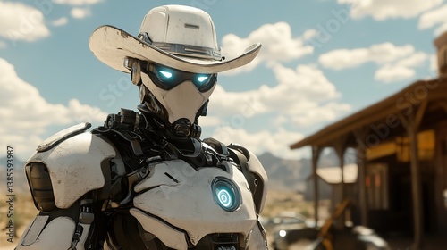 A robotic cowboy sheriff, enforcing justice in a broken world.