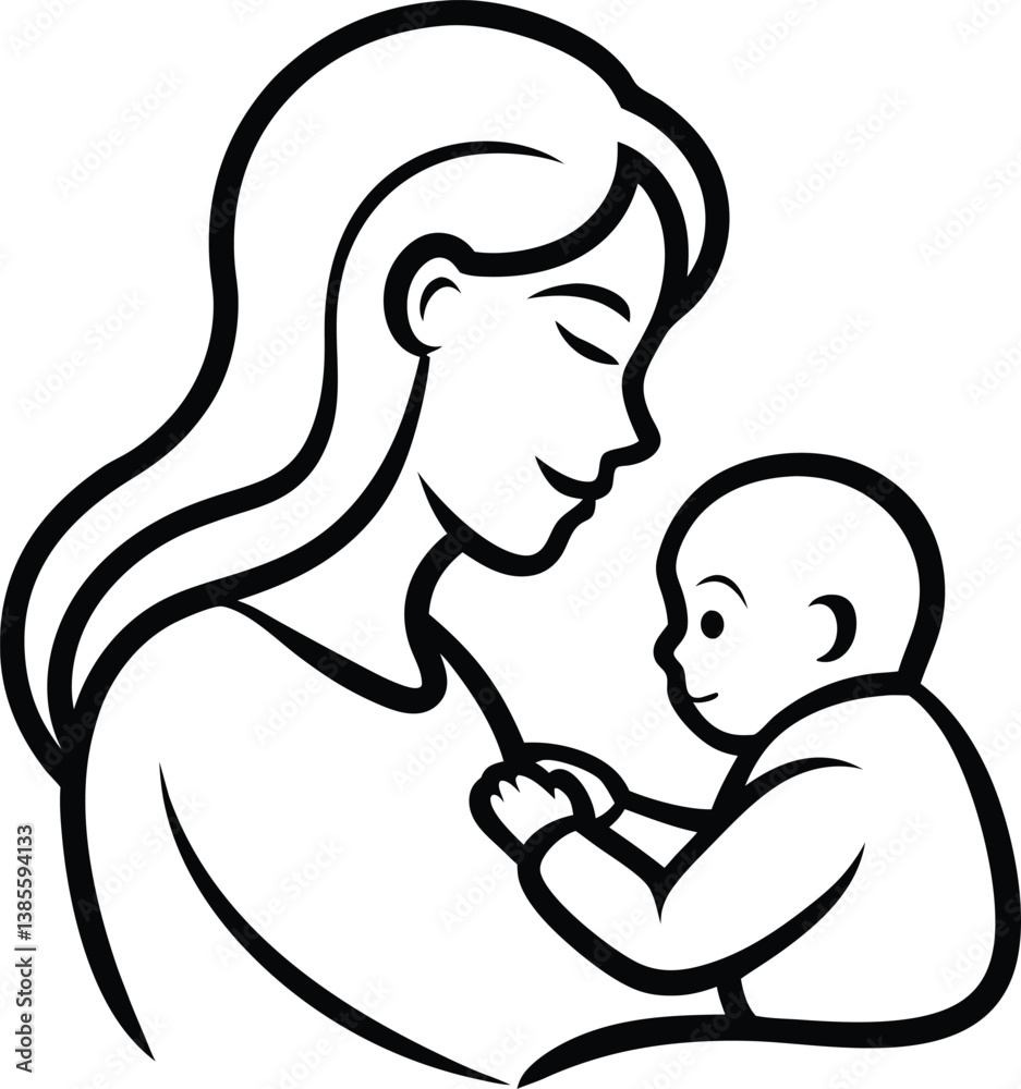 Mother and Baby Silhouette Tender Moment Line Art Vector Mother and Baby Silhouette Tender Moment Line Art Vector