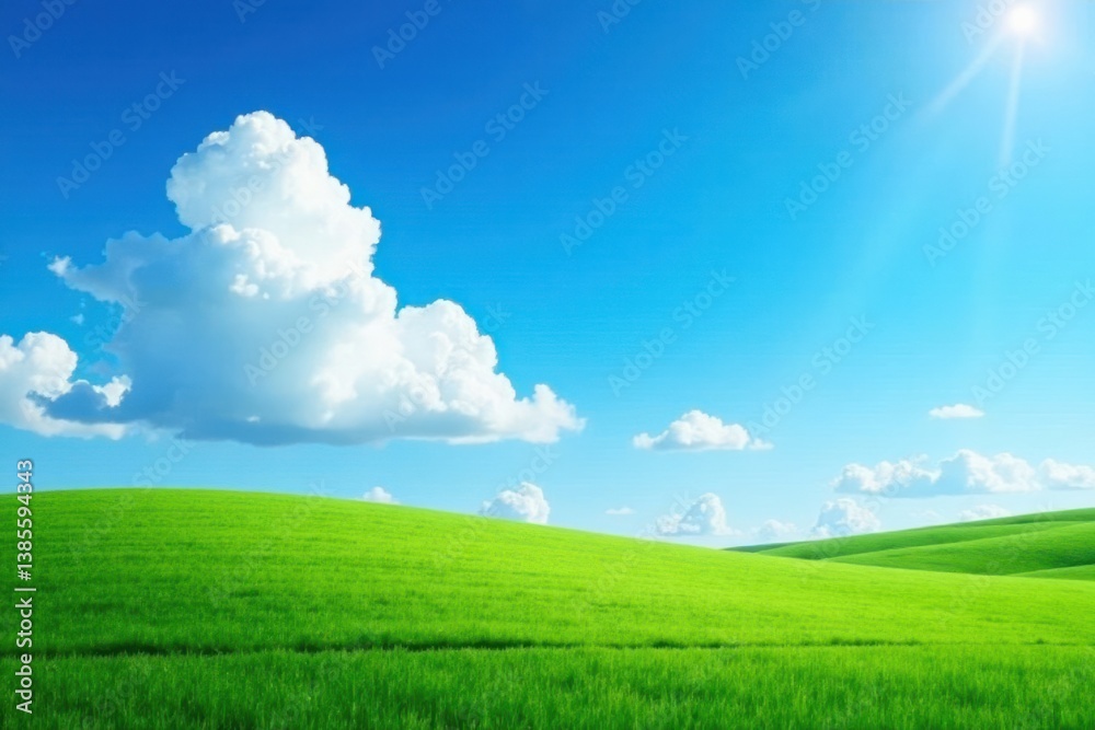 Serene landscape under bright blue sky with fluffy white clouds drifting lazily across it , serene landscape, natural scenery Serene landscape under bright blue sky with fluffy white clouds drifting lazily across it , serene landscape, natural scenery