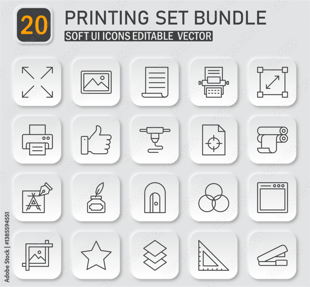Modern printing and design icon collection featuring twenty soft ui style elements Modern printing and design icon collection featuring twenty soft ui style elements