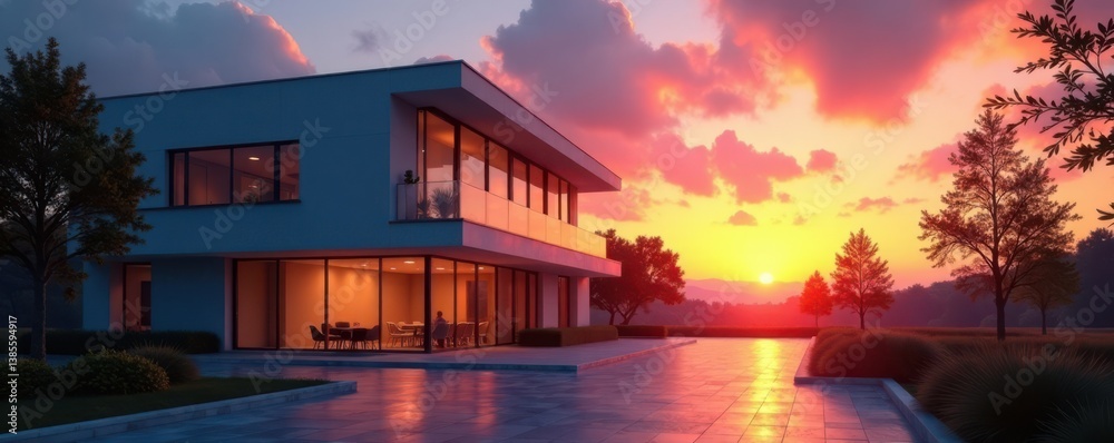 Obraz premium Simple office building at sunset, modern, cityscape
