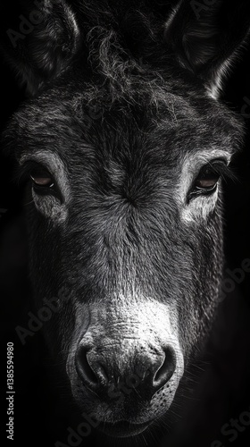 Close-up view of a donkey's face highlighting its expression and features with a dramatic black background