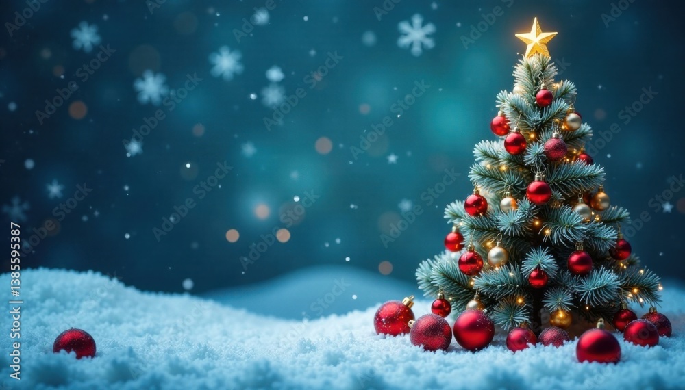 Winter wonderland Christmas tree background with snowflakes and ornaments, snowy, Christmas tree, ornaments