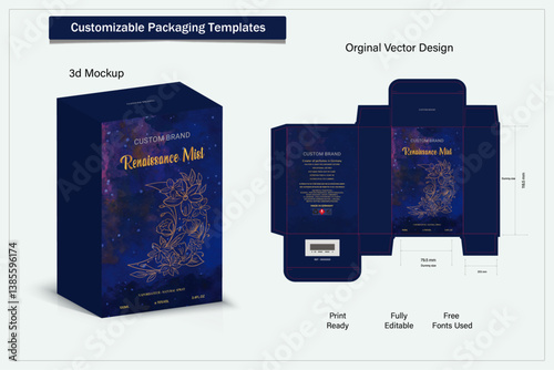 Box design Product box die cut with 3d mock up of luxury products for perfume.