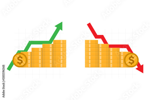 Two gold coins with dollar signs and green up and red down arrows.