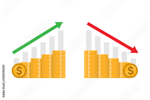 Two gold coins with dollar signs and green up and red down arrows.