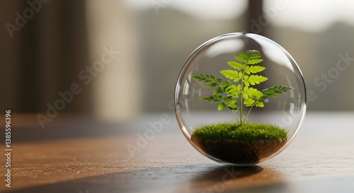 Plant in Glass Dome on Wooden Surface