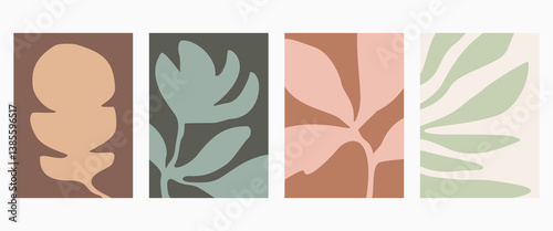 Set of abstract foliage poster vector design. Leaves, flower, organic shapes with earth tone colors. Illustration design for Eco packaging, interior, cover, wall art, wallpaper