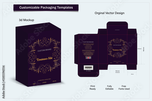 Box design Product box die cut with 3d mock up of luxury products for perfume.