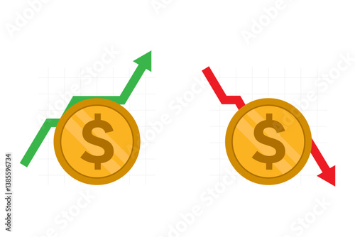 Two gold coins with dollar signs and green up and red down arrows.
