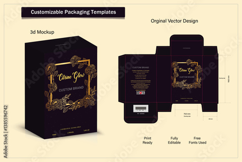 Box design Product box die cut with 3d mock up of luxury products for perfume.