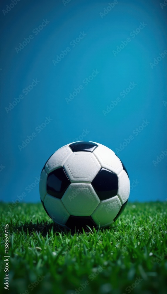 Fototapeta premium Soccer ball and football field on blue background with various icons, ball, field