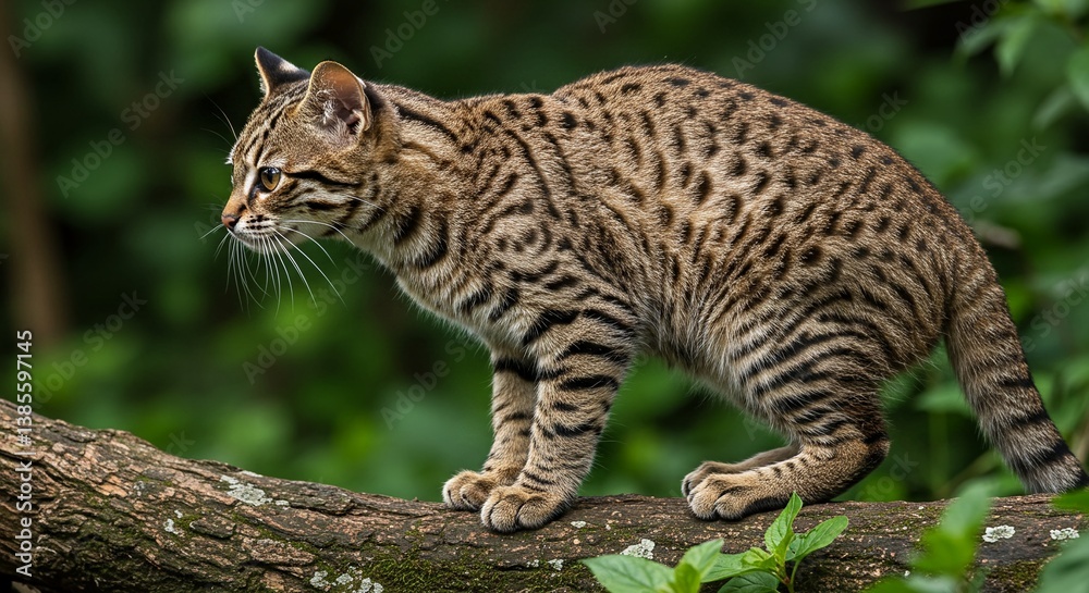 Fototapeta premium A striking close-up of a black-footed cat perched on a mossy branch. The world’s smallest wild cat, known for its beautiful spotted coat and nocturnal nature. 