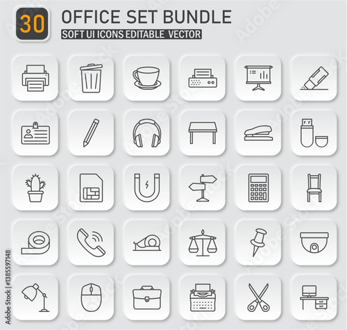 Comprehensive Office Supplies Icon Set with Modern Soft UI Style and Editable Vectors