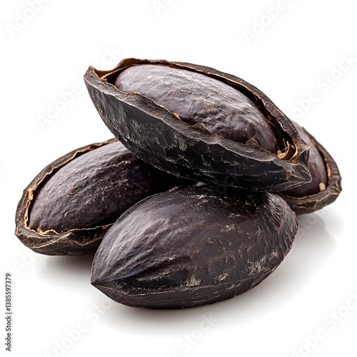 Wallpaper Mural Three ripe dark brown cocoa beans in their pods are shown against a stark white background showcasing their rich texture and natural beauty. Torontodigital.ca