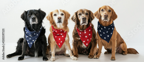 Group of Four Senior Old Retriever Dogs with Gray Faces in Patriotic Bandanas of Red White and Blue on White Background, American Lab and Golden Pups July 4th Outfit