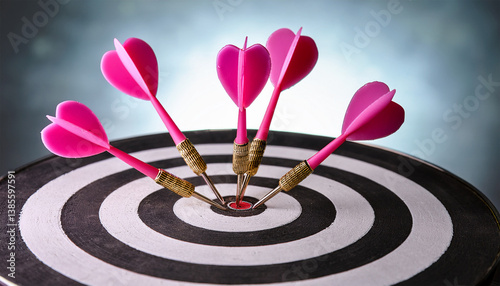 pink heart shaped darts hitting the bullseye on a black and white dartboard