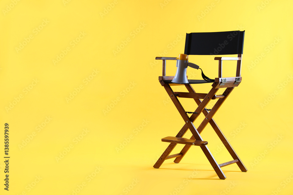 Fototapeta premium Director's chair with megaphone on yellow background, space for text