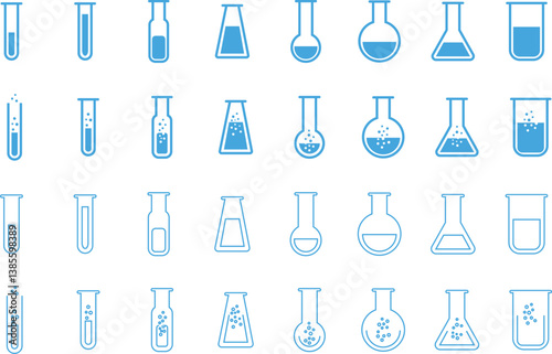 Test tube icon set. chemistry, laboratory and medical design element vector collection isolated on transparent background. Concept science, pharmacy, beaker, medical glass, vial for app and website.