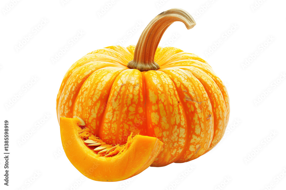 Obraz premium Lumina pumpkin with a green and cut slice stem isolated on white transparent background, great for autumn themes and decorations