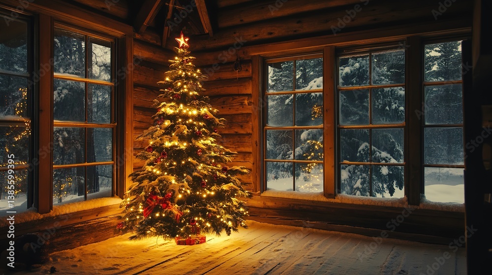 A traditional Christmas tree in a snowy cabin, warm lights shining through the window. A traditional Christmas tree in a snowy cabin, warm lights shining through the window.