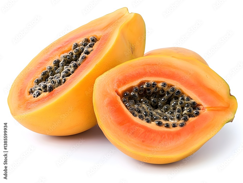 Two ripe papaya halves with black seeds are displayed on a bright white background showcasing their vibrant orange flesh and juicy texture. Two ripe papaya halves with black seeds are displayed on a bright white background showcasing their vibrant orange flesh and juicy texture.