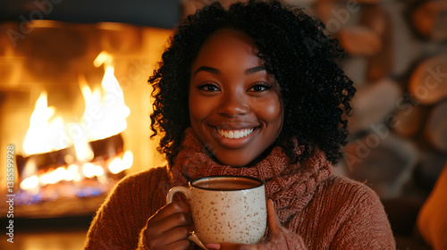 Obraz na płótnie Smiling African woman in warm clothes holding a mug of hot cocoa in front of a cozy fireplace w salonie