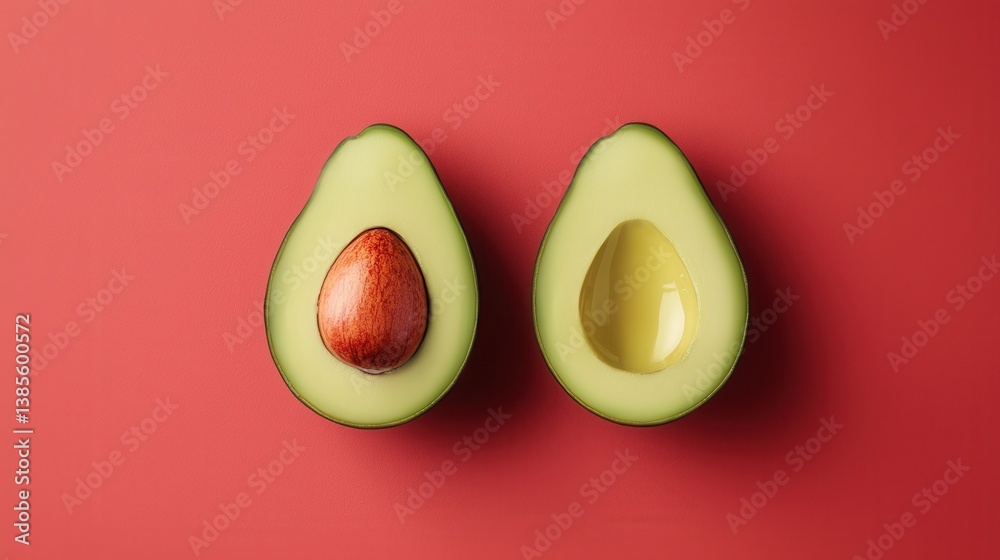 A vibrant image of two halved avocados on a red background, showcasing their creamy flesh and contrasting textures. A vibrant image of two halved avocados on a red background, showcasing their creamy flesh and contrasting textures.