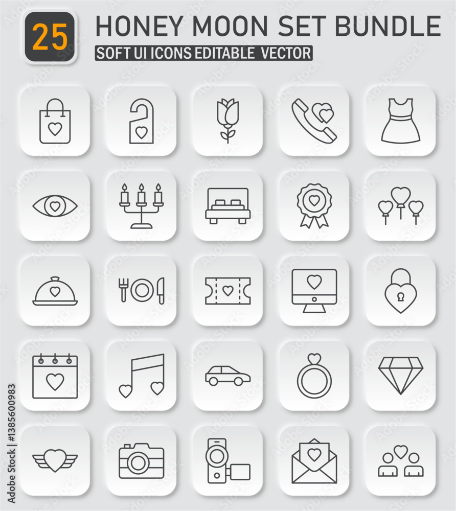 Romantic Getaway Vector Icon Set: Honeymoon and Travel Collection with Soft UI Style Romantic Getaway Vector Icon Set: Honeymoon and Travel Collection with Soft UI Style