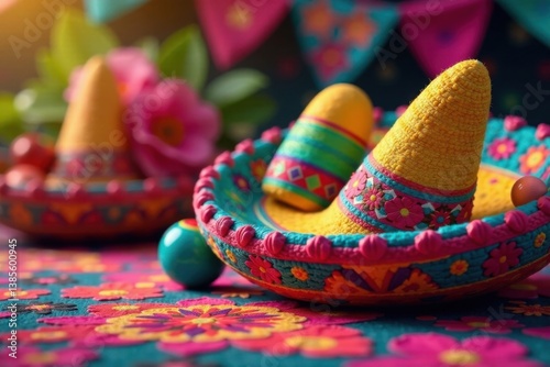 Colorful fiesta scene with vibrant sombreros and maracas , culture, traditional, pi?atas