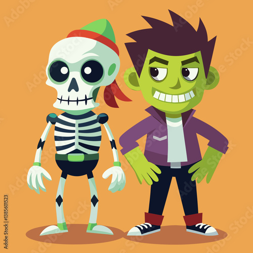 Cartoon Illustration of Zombie and Skeleton Friends on Halloween