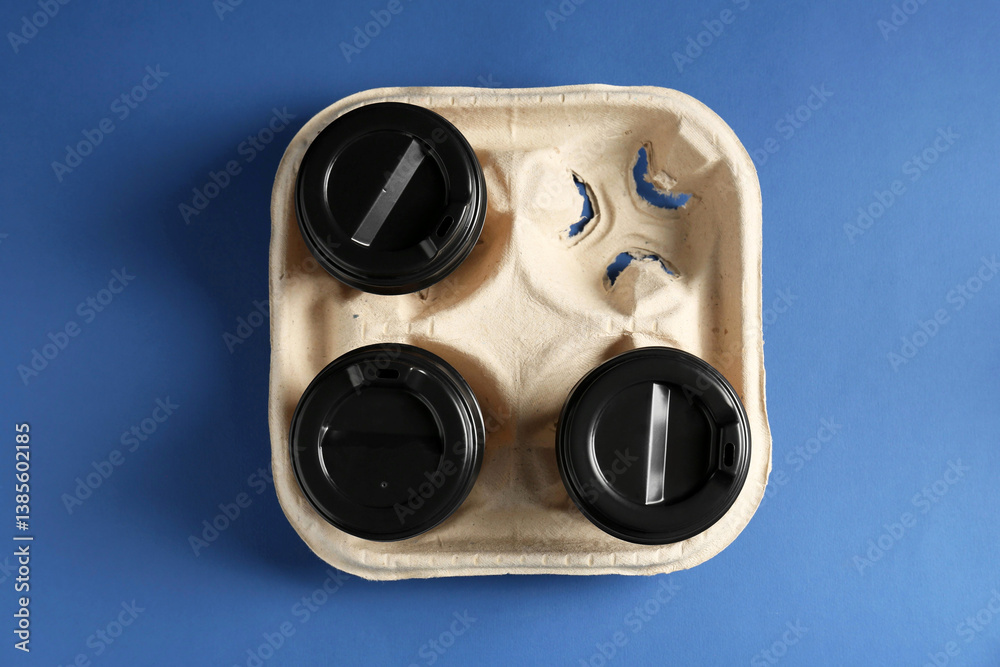 Paper coffee cups in cardboard holder on blue background, top view Paper coffee cups in cardboard holder on blue background, top view