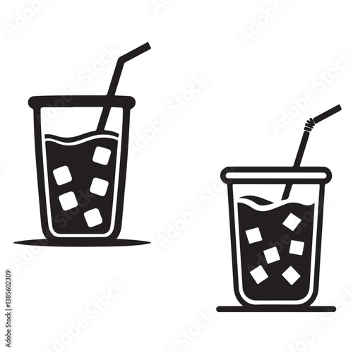 Simple black and white drink illustration featuring a glass with ice cubes and straw perfect for summer themes, beverage designs, cafe menus, and minimal drink concepts
