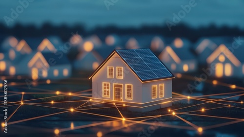 Smart Home Concept with Solar Panels Connected to Digital Network in Modern Suburban Setting at Dusk
