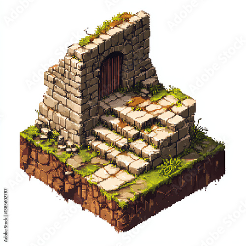 Pixel Art Stone Gate Ruins with Steps and Mossy Ground