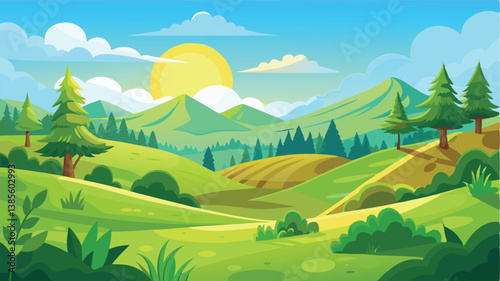 Desert landscape, vast sand dunes, golden sunset, orange sky, large sun, mountainous horizon, warm colors, stylized illustration, vector art, minimalist design, tranquil scene, barren wilderness, roll