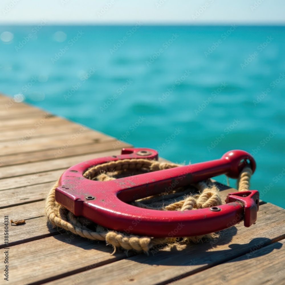 Fototapeta premium Anchor and rope on wooden dock with calm sea in background , anchor, dock