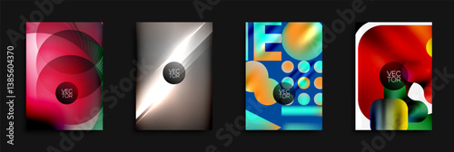 Abstract vector designs showcase vibrant color gradients, overlapping shapes. Modern compositions utilize circles, lines, creating dynamic visual effects. Minimal text elements present.