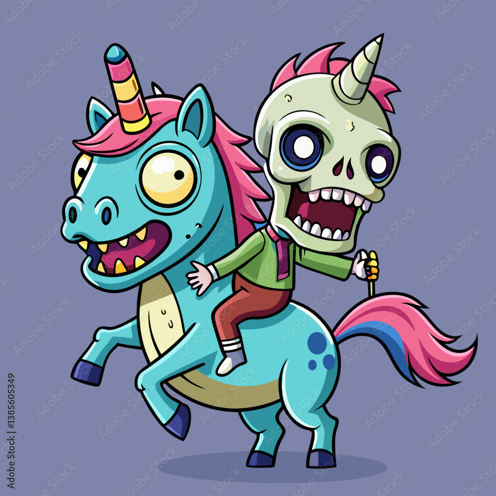 Fototapeta premium Nonsensical Zombie Riding a Zombie Pony – Cartoon Illustration
