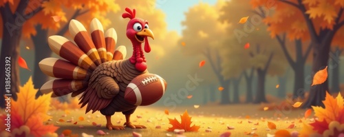 Cartoon turkey holding a football with autumn leaves around him, cartoon, fall