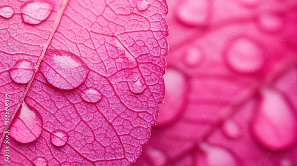 Fototapeta premium A close-up of pink leaves adorned with water droplets, showcasing intricate textures and vibrant colors.