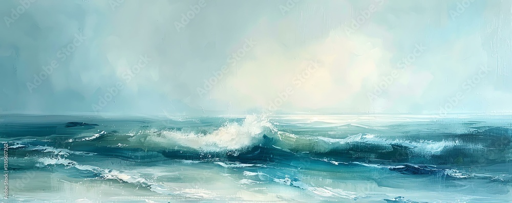 Naklejka premium A serene landscape painting depicting waves crashing on the shore under a soft, misty sky. The soothing colors evoke tranquility and calmness.