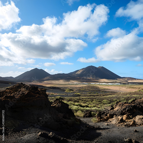 Volcanic landscape of Timanfaya National Park On white background
