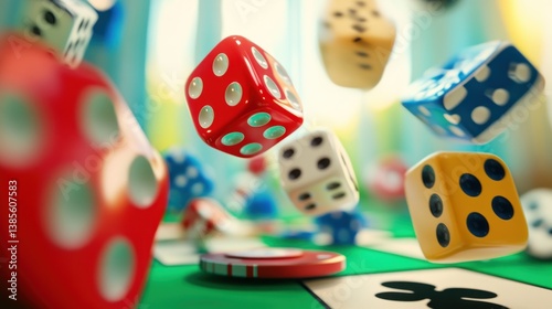 Colorful dice falling on a game board, chance, luck, gambling concept.