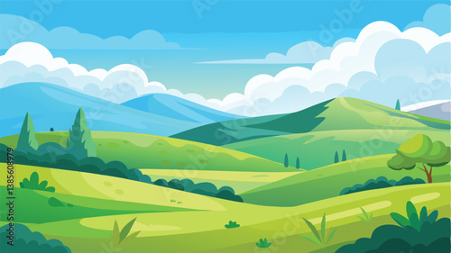 Desert landscape, vast sand dunes, golden sunset, orange sky, large sun, mountainous horizon, warm colors, stylized illustration, vector art, minimalist design, tranquil scene, barren wilderness, roll