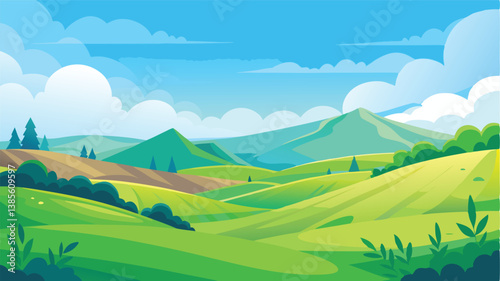 Desert landscape, vast sand dunes, golden sunset, orange sky, large sun, mountainous horizon, warm colors, stylized illustration, vector art, minimalist design, tranquil scene, barren wilderness, roll